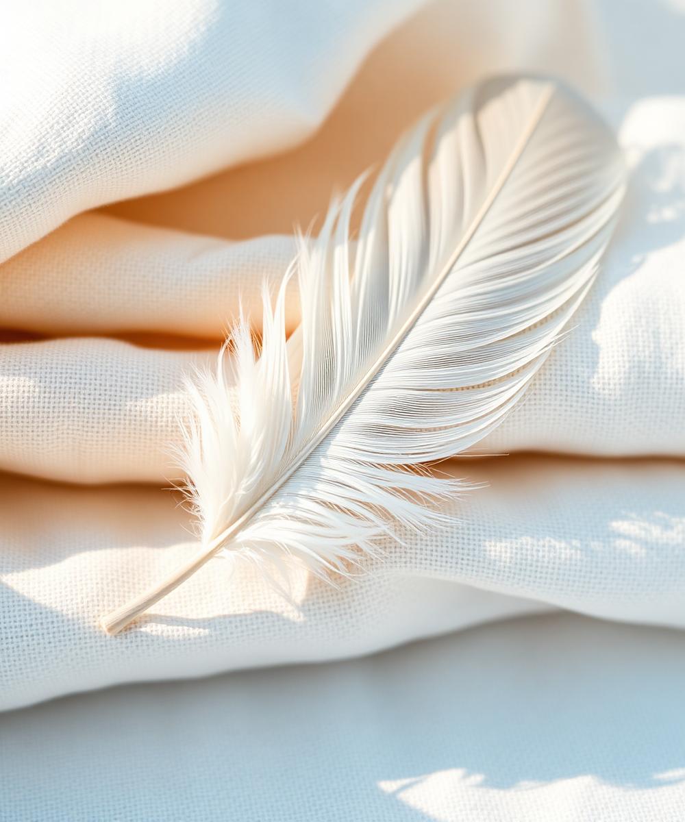 Pluma blanca reposando sobre lino crema