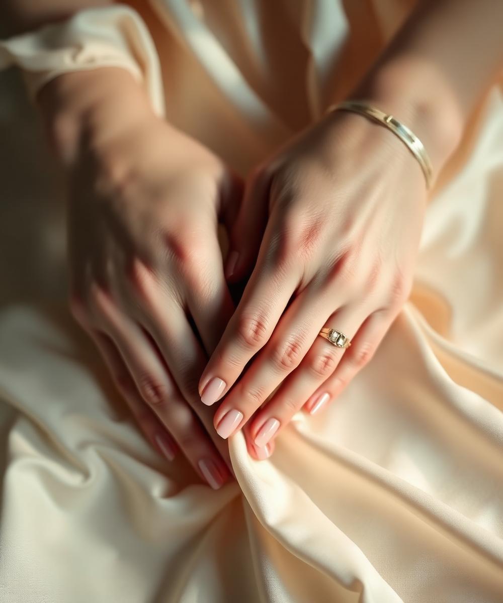 Manos cuidadas con manicura rosa suave sobre seda